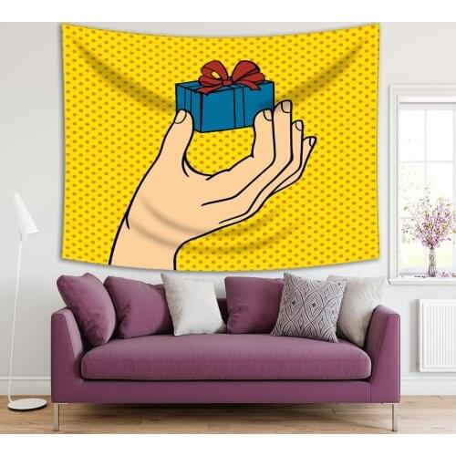 Tapestry Pop Art Hand with Blue Gift Box Yellow Red Polka Dot Background Stylized Vintage Illustration