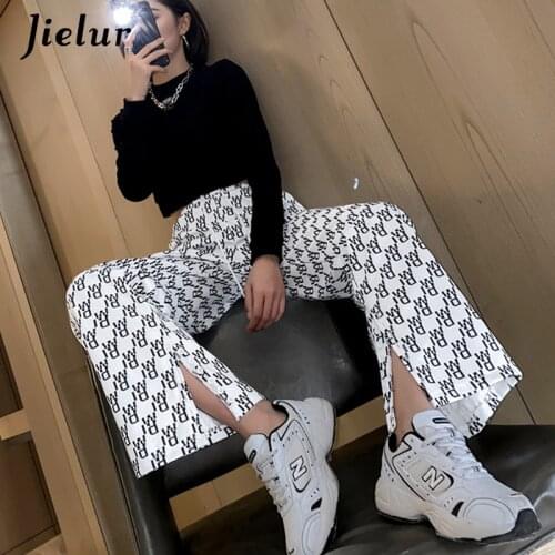Jielur White Split Wide Leg Womens Pants 2021 Summer Letter Print High Waist Pants for Woman Loose Casual Streetwear Trousers