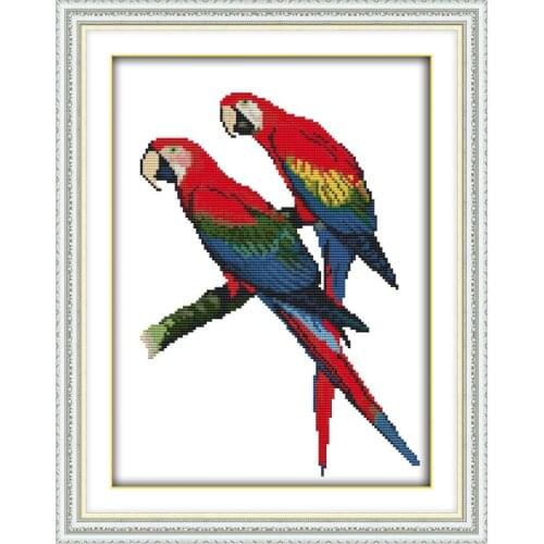 Joy Sunday Two Parrots Embroidery Packs Cross Stitch Printed Kits Paintings Counting DIY 11&14CT DMC Needlework Sets Handicraft