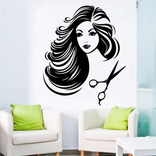 Beautiful Salon Girl Vinyl Wall Sticker Hot Sexy Barbershop Girl Doing Her Hair Cut Art Wall Sticker Home Decor Wallpaper Y-796