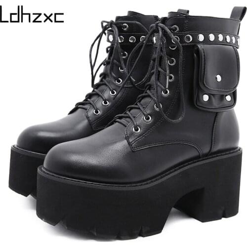 LDHZXC 2020 Motorcycle Boots winter Women Ankle Boots Rivets Gothic Black Short Round Toe ThicK Heels Female Shoes Size 35-40