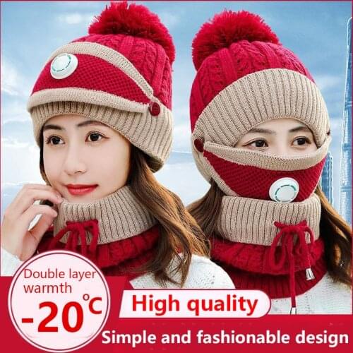2020 New 3 Pieces Set Womens Knitted Hat Scarf Caps Neck Warmer Winter Hat For Ladies Girls Skullies Beanies Warm Fleece Caps