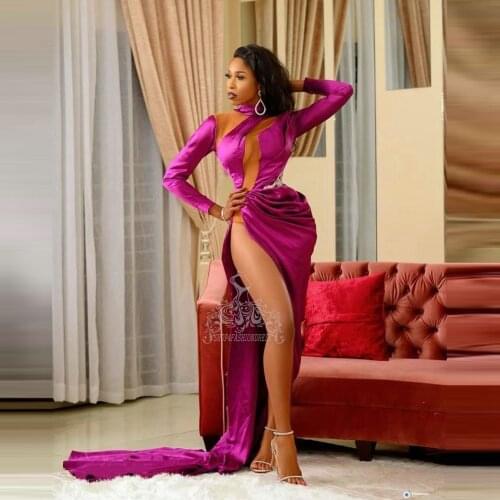 Fuchsia Sexy High Split Mermaid Prom Dresses Long Sleeves Satin Prom Party Gowns Aso Ebi African Formal Event Dress Plus Size