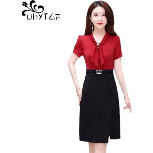 UHYTGF Fashion Fake Two-Piece Summer Dress Women Elegant Mother Loose 5XL Plus Size Dress Short Sleeve Casual Female Clothes2020
