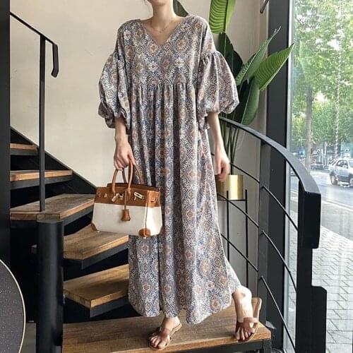 V-neck Loose Casual Lantern Sleeve Women Dress Chic Retro Print Femme Dresses Summer Fashion New High Waist