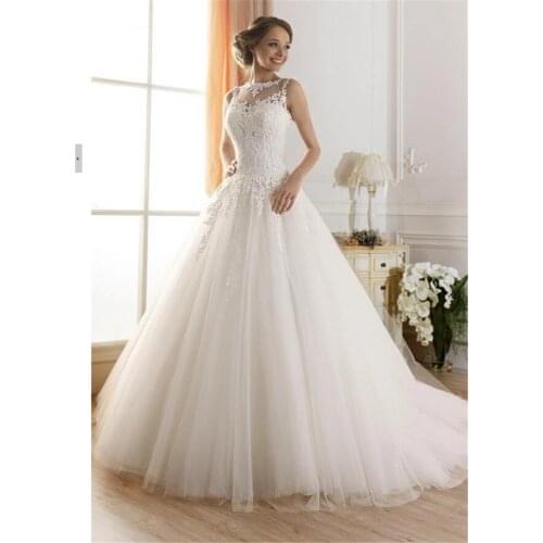Puffy Wedding Dresses A-line Scoop Tulle Appliques Lace Boho Dubai Arabic Wedding Gown Bridal Dress Vestido De Noiva