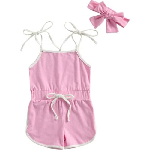 Baby Playsuit + Bow Headband Sleeveless Design Adjustable Shoulder Strap Elastic Waist Drawstring Clothing