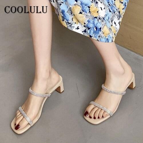 COOLULU Women Shoes High Heel Slides Crysral Block Heel Slippers Square Toe Sandals Fashion Female Footwear Summer Black Size 43