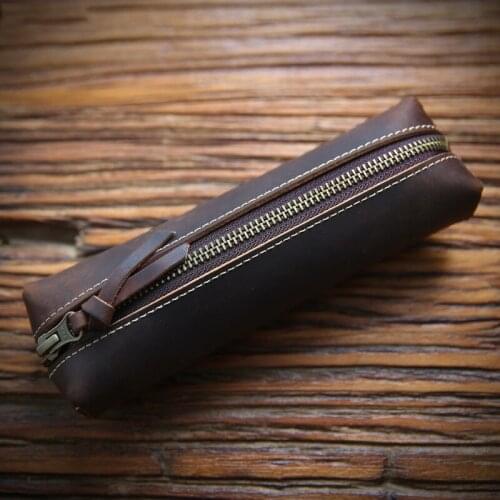 Genuine Leather Pen Bag Pencil Case Holder Vintage Handmade Long Zipper Coin Purse Men Women Children Student School Supplies