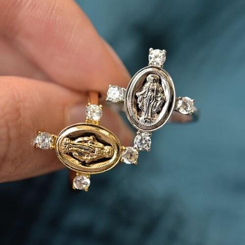 Vintage Carved Catholic Virgin Mary Four-corner Crystal Mosaic Ring Women Mens Religious Portrait Punk Hip Hop Party Ring