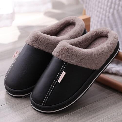 PU Waterproof Slippers Women Men Winter Plush Keep Warm Flat Home Shoes Woman Soft Comfort Female Shoes Sewing Interior Slipper