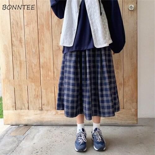 Skirt Women Plaid Casual Mid-calf A-line Vintage All-match Designer Daily Classic Loose Simple High Waist Streetwear Fashion New