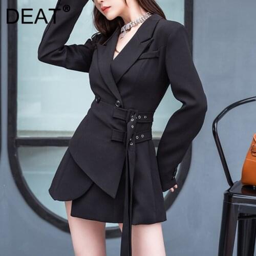 DEAT Woman Black Blazer Notched High Waist With Sashes Tassel Double Button Long Sleeve Casual Style Coat 2021 Autumn 15XF465