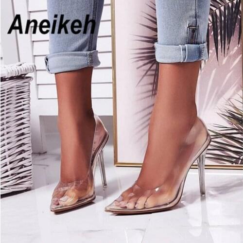 Aneikeh 2021 Concise Fashion PVC Woman Transparent Sandals Thin High Heels Shoes Pointed Toe Pumps Slip On Solid Apricot 35-42