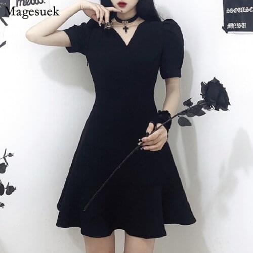 Sweet V-neck Black Dress Woman Summer Short Sleeve A-Line Mini Dress Women Japanese Style M-4XL Loose Slim Party Dresses 15693
