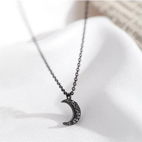 Fashion Personality Black Zircon Moon Pendant Necklace for Women Gothic Jewelry 925 Sterling Silver Accessories 2021 Trend SN181