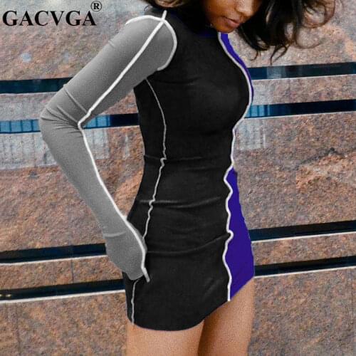 GACVGA 2020 Patchwork Long Sleeve Sexy Bodycon Autumn Winter Dress Casual Women Club Party Mini Dresses Vestidos