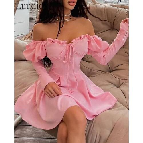 Women Puff Sleeve Frill Hem Tied Detail Dress