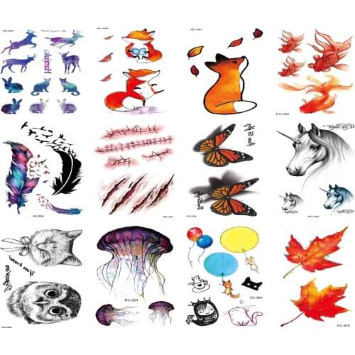 12 Designs Rocooart Colorful Feathers Temporary Tattoo Sticker Owl Leaf Henna Fake Tattoo Tatuagem Taty For Women Men Body Art
