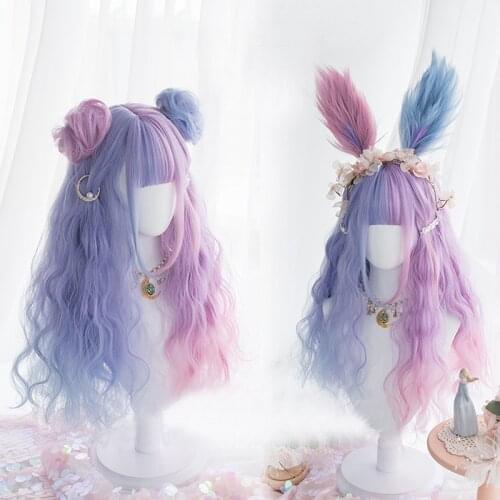 2020 Cosplaymix Lolita 65CM Long Curly Purple Mixed Blue Ombre Bangs with Buns Headband Japan Cute Ladies Cosplay Synthetic Wig