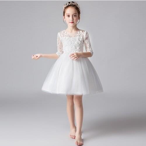2021 Formal Girls Dress Holiday O-Neck Long Tailed Flower Girl Vestido for Party Girl Clothes 3 4 6 8 10 12 14 Years RKF194004