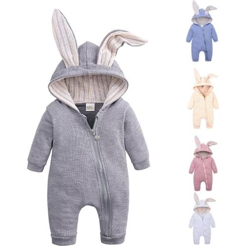 Korean Style Spring Autumn Infant Baby Boys Girls Romper Rabbit Ears Hooded Long Sleeve Cotton Jumpsuit Overall Kids Clothes