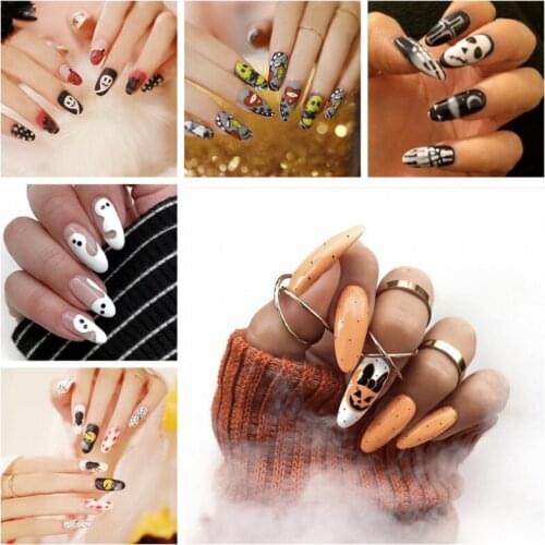 GAM-BELLE 24Pcs Halloween Spider Pumpkin Fake Nails Oval Glossy Artificial Plastics False Nails Tips DIY Manicure Decoration