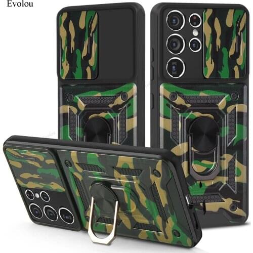 Camouflage Armor shockproof bumper Phone Cover for Samsung S21 S20 Note 20 Ultra A52 A72 5G Slide Camera Protection Stand Cover