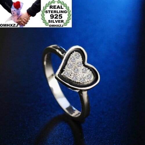 OMHXZJ Wholesale Personality Fashion OL Woman Girl Party Wedding Gift Black Heart AAA Zircon 925 Sterling Silver Ring RN219