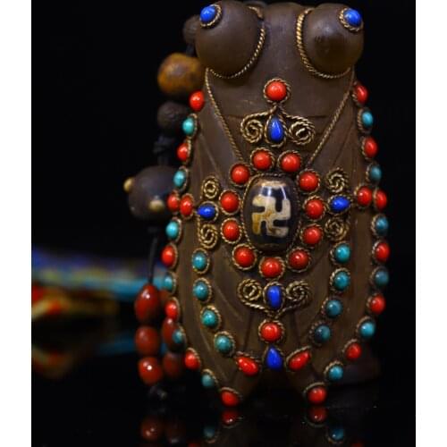 3"Tibet Temple Collection Old crystal Filigree mosaic Gem Dzi Bead Golden cicada Pendant Jin Chan is wealthy Amulet Town House