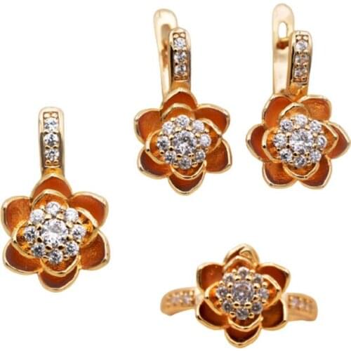 Trendy Wedding Fashion Jewelry Sets accessories Hoop Gold Rose Earrings Rings Necklace Pendent White Stone Zircon Women Luxury