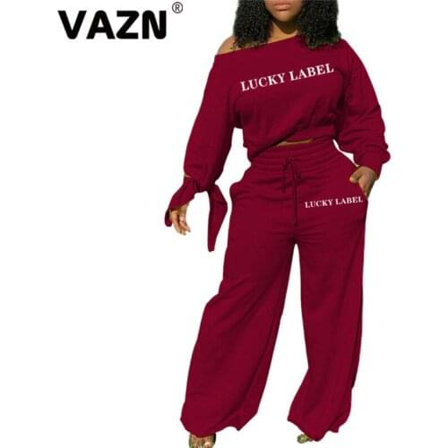 VAZN 2020 Autumn Hot Plus Size Sweet High-end Young Casual Regular Full Sleeve Group Wide Leg Long Pants Slim Women 2 Piece Set