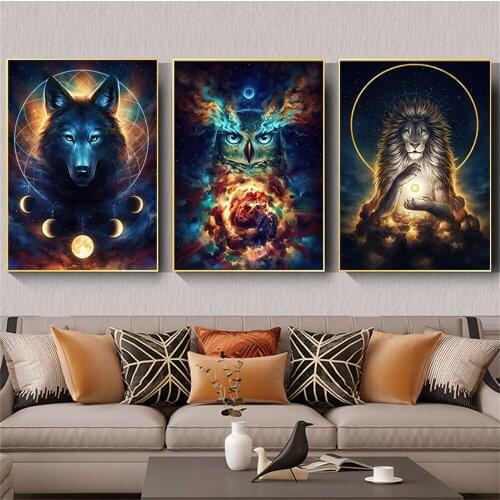 Mystic Moon Wolf And Lion Live Canvas Painting Wall Art Animal Picture For Living Room Canvas Poster And Prints Home Decor