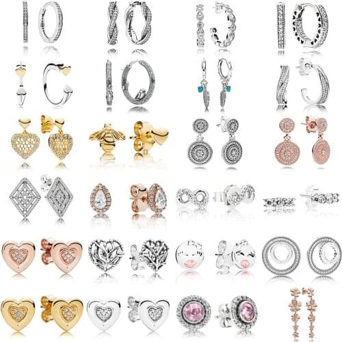 NEW 100% 925 Sterling Silver Earrings Glittering Heart Signature Round Eardrop Rose Gold Ear Studs Charm Fit Original Dangler