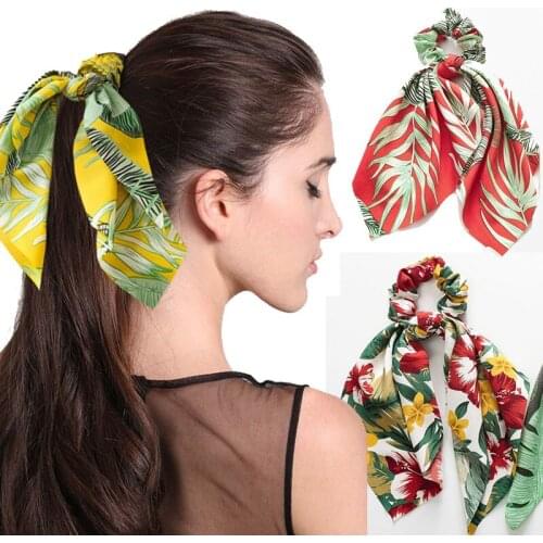 2020 New Chiffon Bowknot Silk Hair Scrunchies Women Pearl Ponytail Holder Hair Tie Hair Rope Rubber Bands Hair Accessories