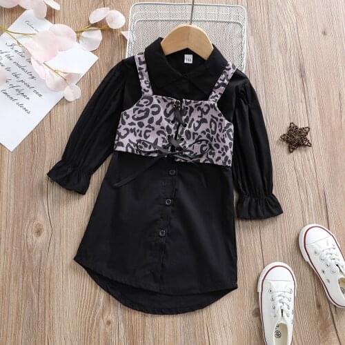 1-5Y Girls Fall Clothes Kids Clothes Suit Children Clothes Solid Long Sleeve Shirt Dress+Leopard Vest Outfit Girls Clothing Sets
