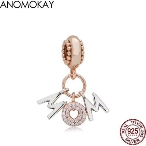 Trendy Mom Letter 925 Silver Charm Pendant for Mom Luxury Jewelry Gift Rose Gold Color Hanging Head Bead for DIY Jewelry Decor