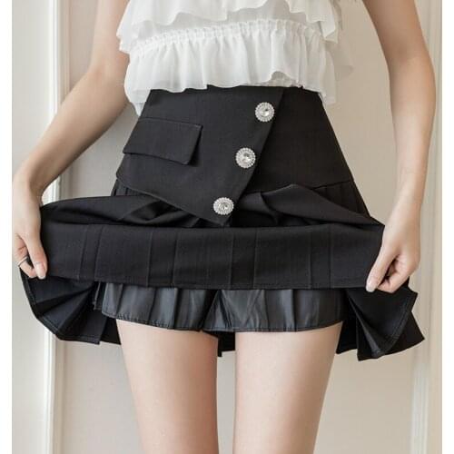 Luxury ladies mini short skirt korean high waist irregular pleated skirts womens sexy faldas mujer diamonds buttons jupe femme