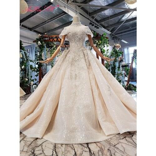 AnXin SH Luxury princess flower champagne lace high neck beading pearls white sparkly bride wedding dress 100% real photo