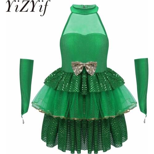 YiZYif Christmas Outfit Girls Sparkly Sequins Holiday Elf Costume Xmas Christmas Costume Children Dress with Arm Sleeves Sets