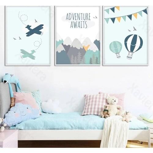 Blue Children Poster Cartoon Adventure Quote Airplane Balloon Canvas Print Wall Art Painting Nordic Kindergarten Baby Room Nurse