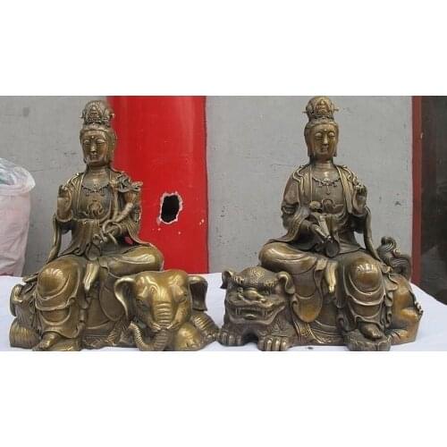 Tibet Folk Temple old Copper Bronze Manjusri Samantabhadra Buddha Statue please choice Lion or elephant
