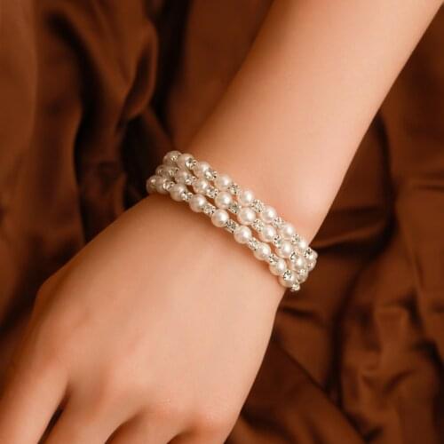 Three-Layer White Simulated Pearls Alloy Plastic Rhinestone Spring Bride Beads Twining Spiral Bracelets for Women