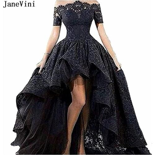 JaneVini Vintage Lace Prom Dress Black with Sleeves Boat Neck Backless High Low Prom Dresses Sweep Train Plus Size Formal Gowns