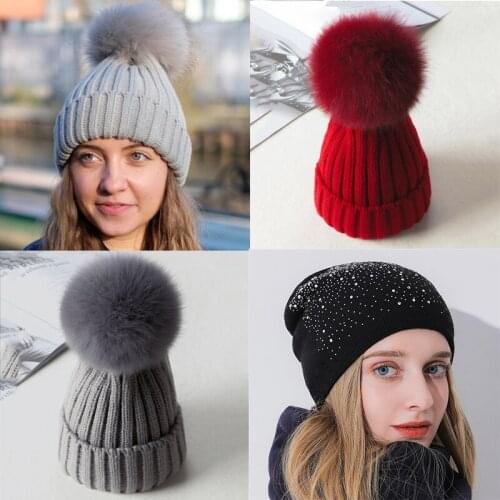 High Quality Fur Pom Poms Thick Warm Knitted Skullies Beanies Hat Winter Women Girl Casual Hat Female Bonnet Beanie Cap Outdoor