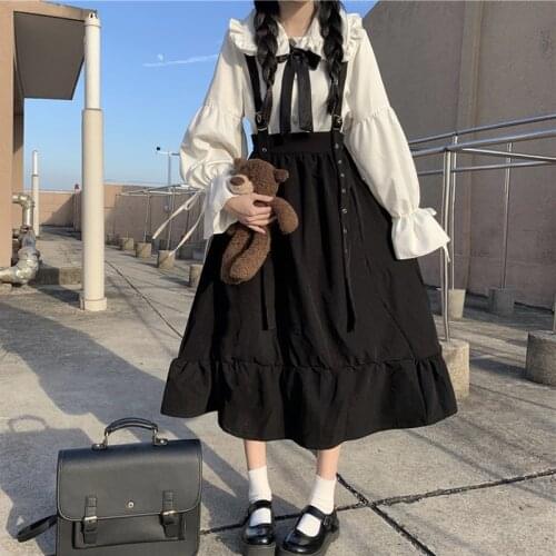 Japanese College High-Waist Show Thin Black Mid-Length Ruffled Student fairy dress tea party lolita dress sweet lolita doll