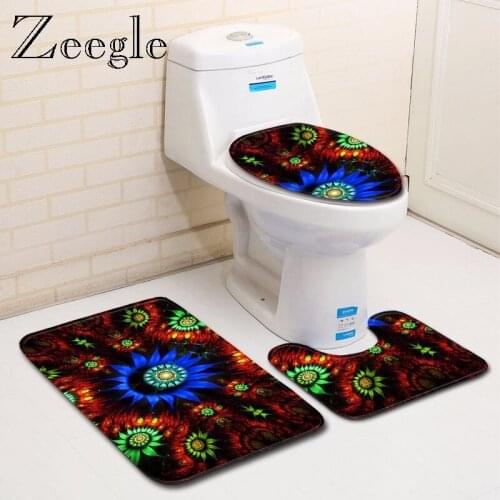 Zeegle Floewr Pattern 3pcs Toilet Seat Cover Set Polyester Toilet Foot Mat Floor Rug Absorbent Non-Slip Bathroom Rug Bath Mat