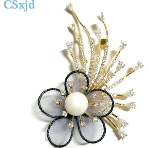 CSxjd High Quality Imitation pearls Crystal Nylon net Flower Zircon Brooch Pins for Women