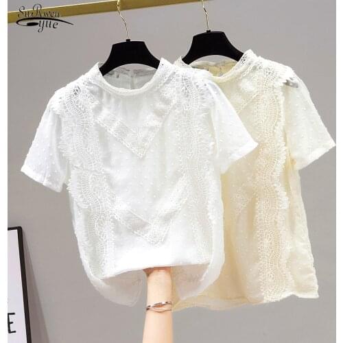 New Summer 2021 Short Sleeve Chiffon Blouse Women Plus Size Clothing Korean White Lace Bottomed Women Shirts Blusas Mujer 14844