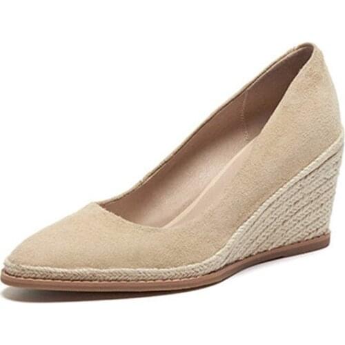 Autumn Genuine Leather Shoes Women High Heels Slip On Wedge Shoes Woman Comfortable Elegant Shoes Women